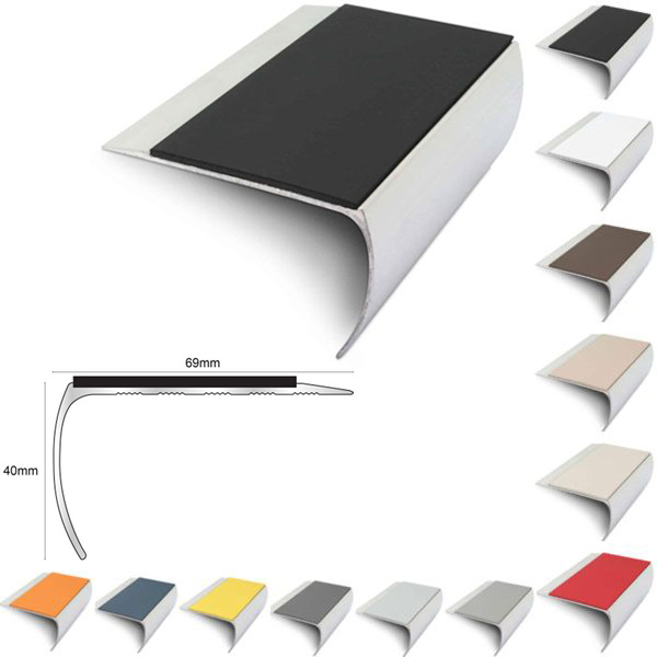 69mm x 40mm Aluminium Non Slip Commercial Stair Nosing Edge Trim With Pvc Insert 