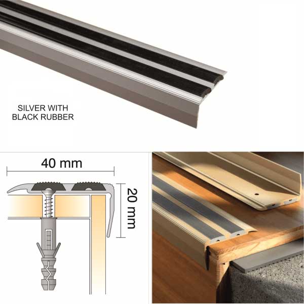 Aluminium Screw Fix Anti Slip Stair Edge Nosing Trim with Rubber Insert