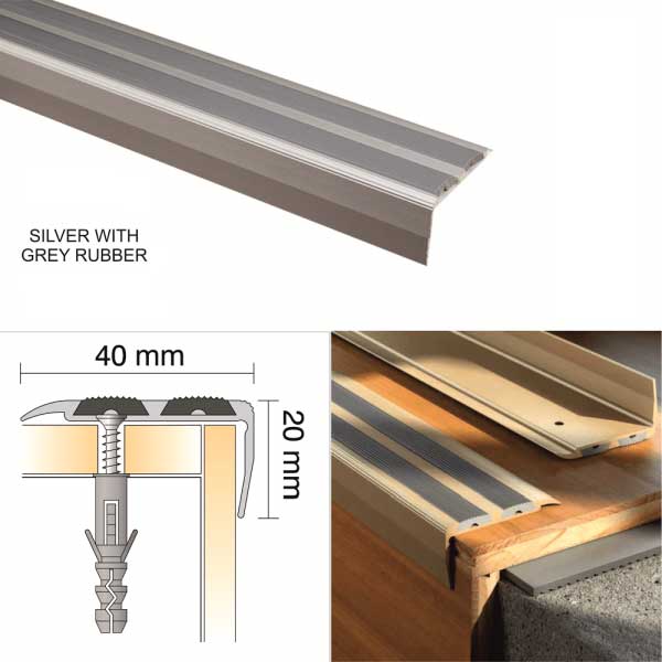 Aluminium Screw Fix Anti Slip Stair Edge Nosing Trim with Rubber Insert
