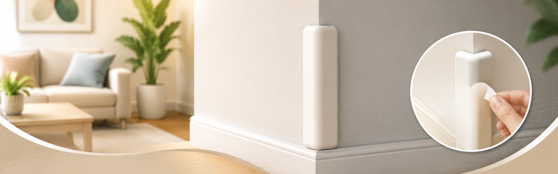 Minimalist white foam corner guard installed on a living room wall.