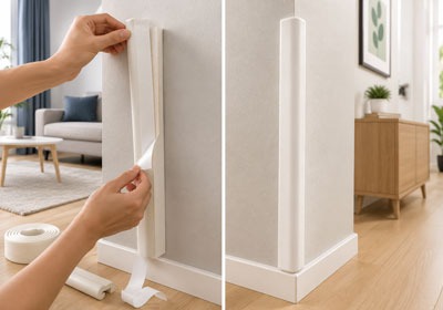 Two-panel guide showing how to peel and apply a wall corner guard.
