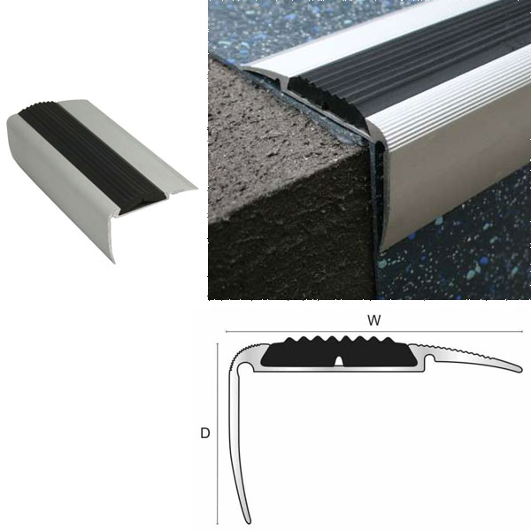 Non Slip Aluminium Black Rubber Insert Strong Stair Nosing